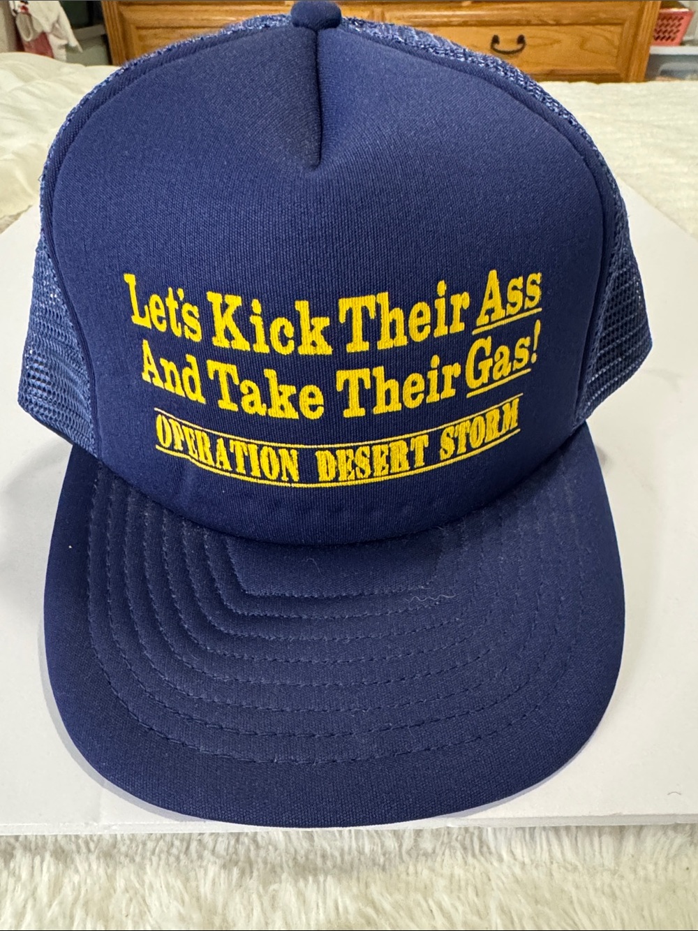 Navy Blue Trucker Cap with Yellow Slogan